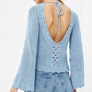Topshop Crochet V Back Boho Long Sleeved Sweater w/ Bell Sleeve Jumper Tie Close